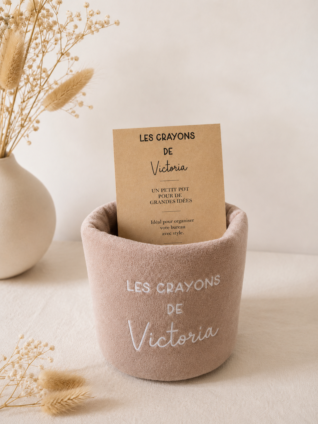 Pot à crayons personnalisé en suédine - Rose Poudré