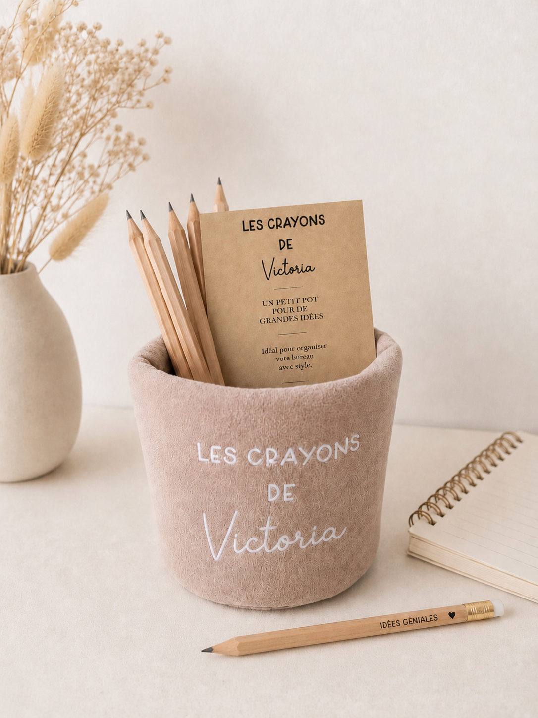 Pot à crayons personnalisé en suédine - Rose Poudré